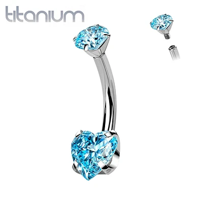 Implant Grade Titanium Internally Threaded Aqua Heart CZ Belly Ring