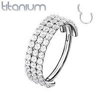 Implant Grade Titanium Triple Row White CZ Pave Hinged Clicker Hoop