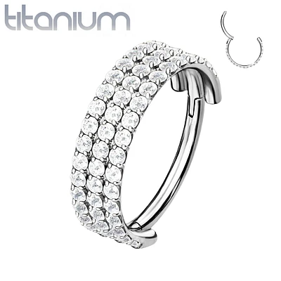 Implant Grade Titanium Triple Row White CZ Pave Hinged Clicker Hoop