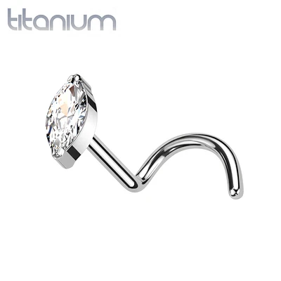 Implant Grade Titanium Marquise CZ Gem Corkscrew Nose Ring Stud