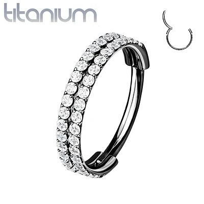 Implant Grade Titanium Black PVD Double Row White CZ Pave Hinged Clicker Hoop