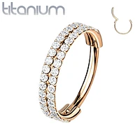 Implant Grade Titanium Rose Gold PVD Double Row White CZ Pave Hinged Clicker Hoop