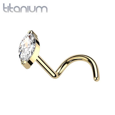 Implant Grade Titanium Gold PVD White Marquise CZ Gem Corkscrew Nose Ring Stud