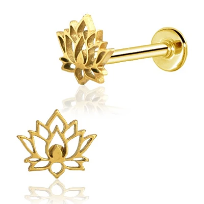 316L Surgical Steel Gold PVD Internally Threaded Lotus Flower Flat Back Labret