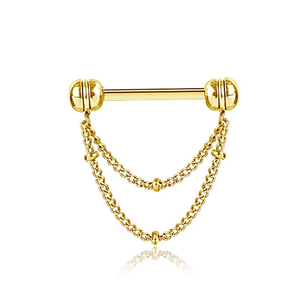 316L Surgical Steel Gold PVD Double Satellite Chain Dangly Nipple Ring Straight Barbell