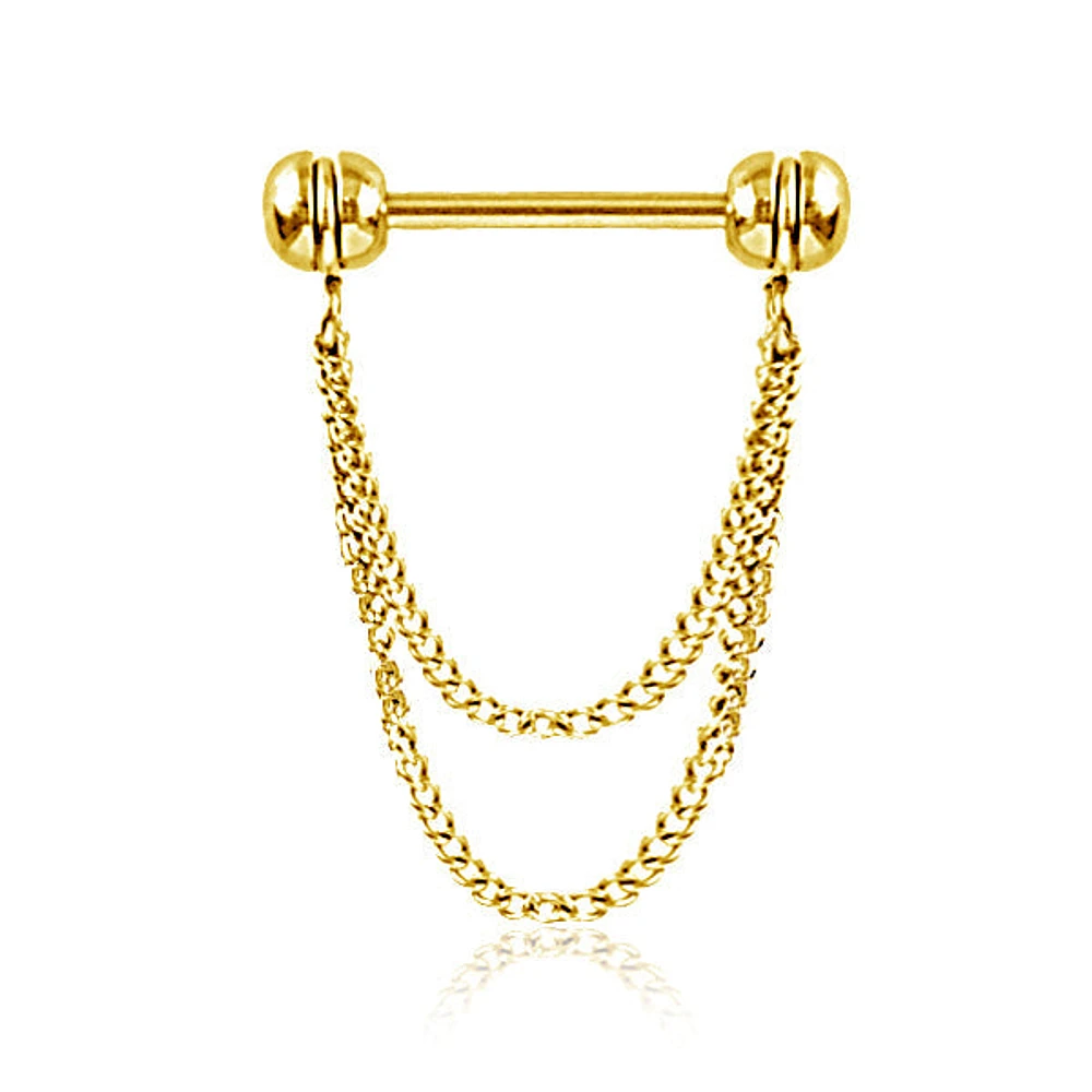 316L Surgical Steel Gold PVD Double Chain Dangle Nipple Ring Straight Barbell