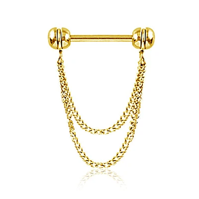 316L Surgical Steel Gold PVD Double Chain Dangle Nipple Ring Straight Barbell