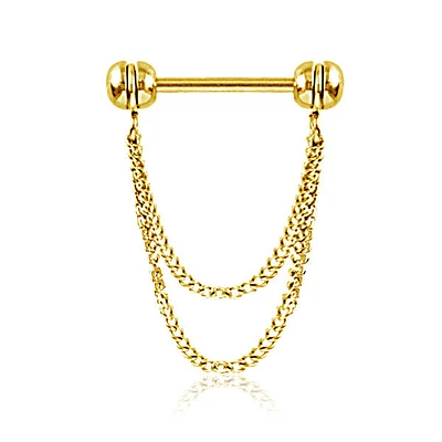 316L Surgical Steel Gold PVD Double Chain Dangle Nipple Ring Straight Barbell