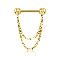 316L Surgical Steel Gold PVD Double Chain Dangle Nipple Ring Straight Barbell