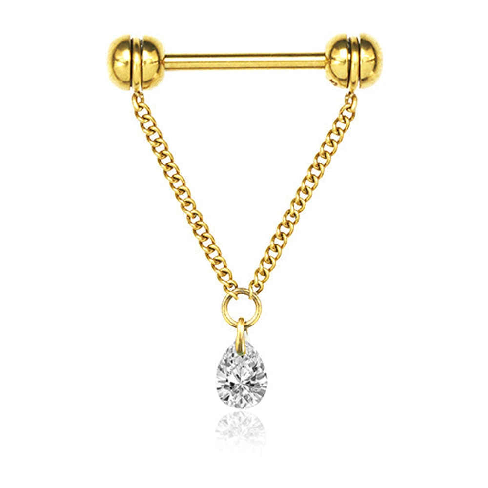 316L Surgical Steel Gold PVD Chain With White CZ Teardrop Dangle Straight Barbell Nipple Ring