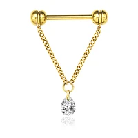 316L Surgical Steel Gold PVD Chain With White CZ Teardrop Dangle Straight Barbell Nipple Ring