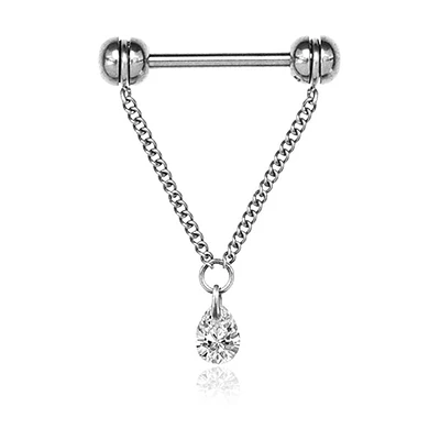 316L Surgical Steel Chain With White CZ Teardrop Dangle Straight Barbell Nipple Ring