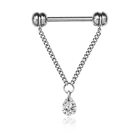 316L Surgical Steel Chain With White CZ Teardrop Dangle Straight Barbell Nipple Ring