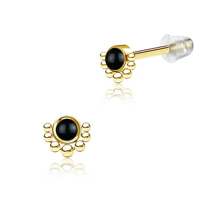 Pair of 316L Surgical Steel Gold PVD Beaded Boho Black Agate Stud Earrings