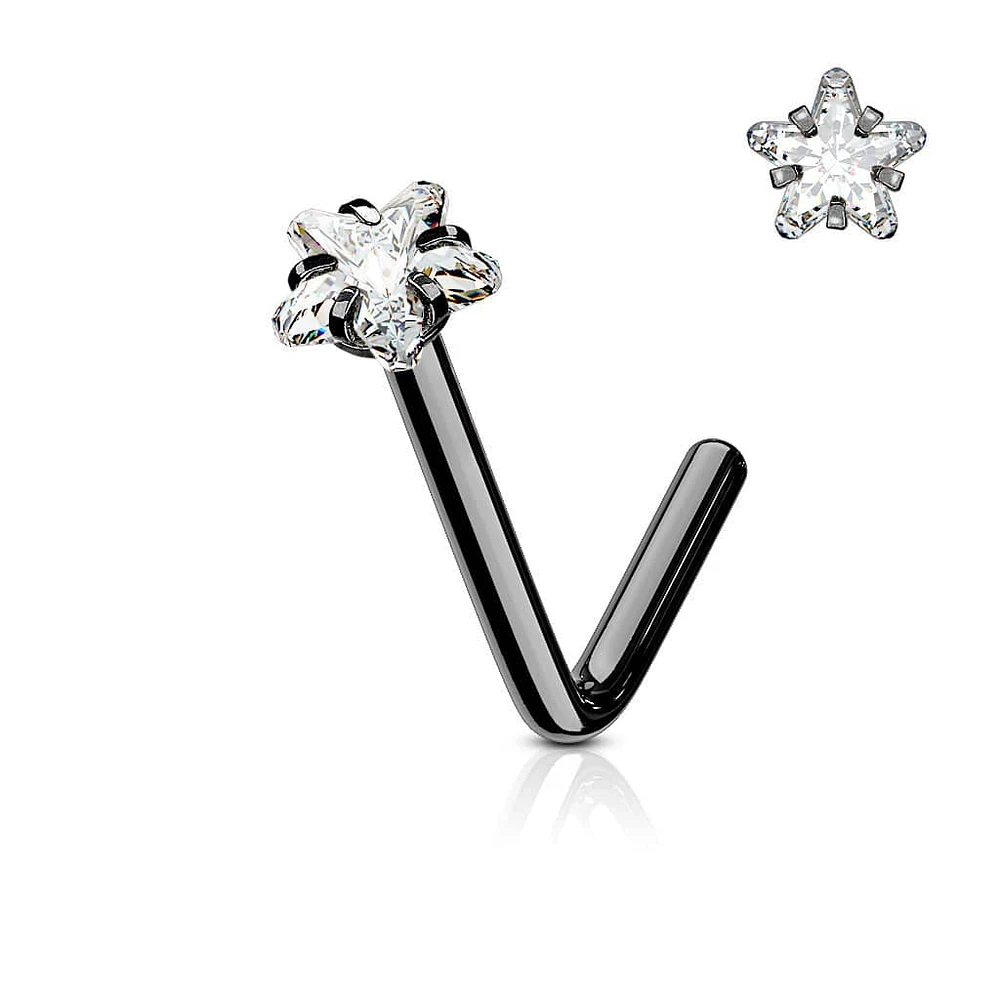 Black IP Surgical Steel Star CZ L Shape Nose Pin Stud