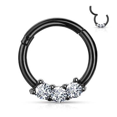 Black Surgical Steel 3 Gem White CZ Hinged Septum Ring Clicker