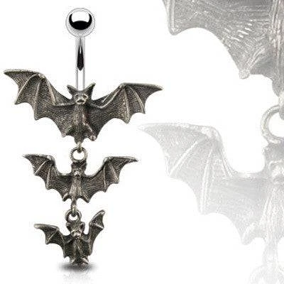 Brushed Steel Surgical Triple Vampire Bats Gothic Surgical Steel Belly Button Navel Ring