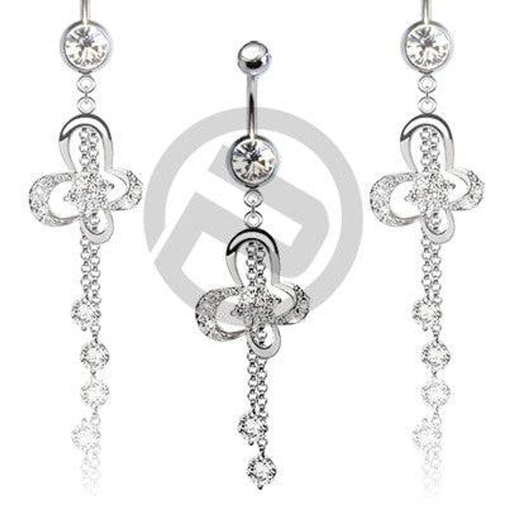 Butterfly Flower Clear CZ Belly Ring Dangle with 2 Drop Chains