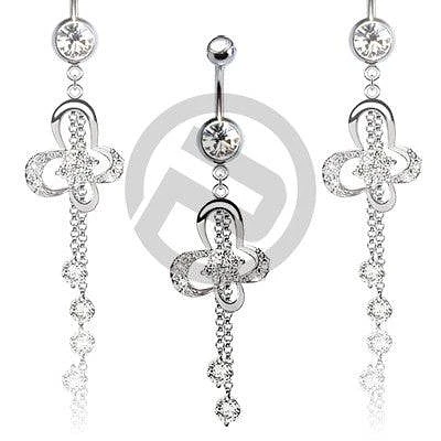 Butterfly Flower Clear CZ Belly Ring Dangle with 2 Drop Chains