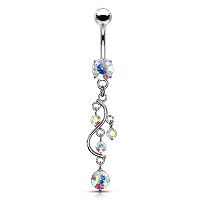 Classic Traditional Vine Prong Aurora Borealis Dangling Surgical Steel Belly Button Navel Ring