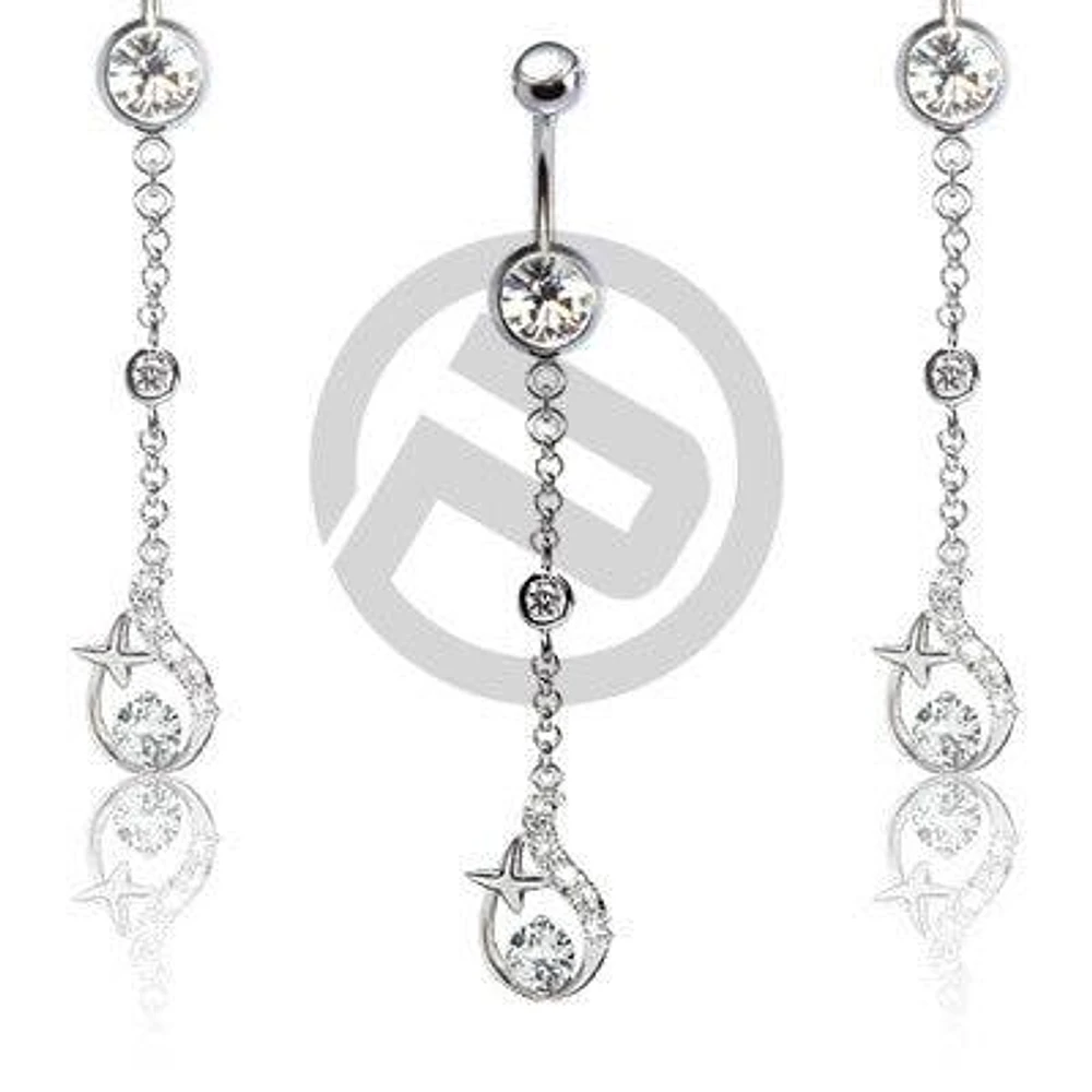 Clear Gem Dangle Chain Belly Button Navel Ring with Design