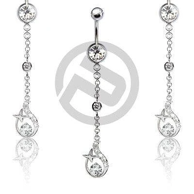 Clear Gem Dangle Chain Belly Button Navel Ring with Design