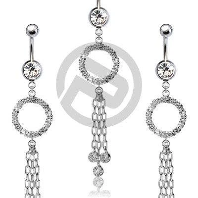 Clear Gemmed Circle with 3 studded Dangle Chains Belly Button Navel Ring