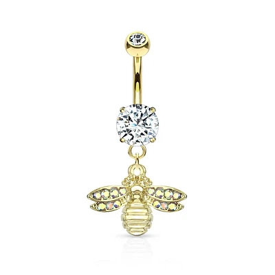 Cute Small CZ Dangle Bumble Bee Gold PVD Surgical Steel Belly Ring