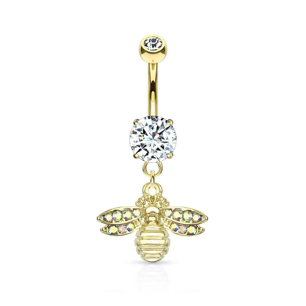 Cute Small CZ Dangle Bumble Bee Gold PVD Surgical Steel Belly Ring