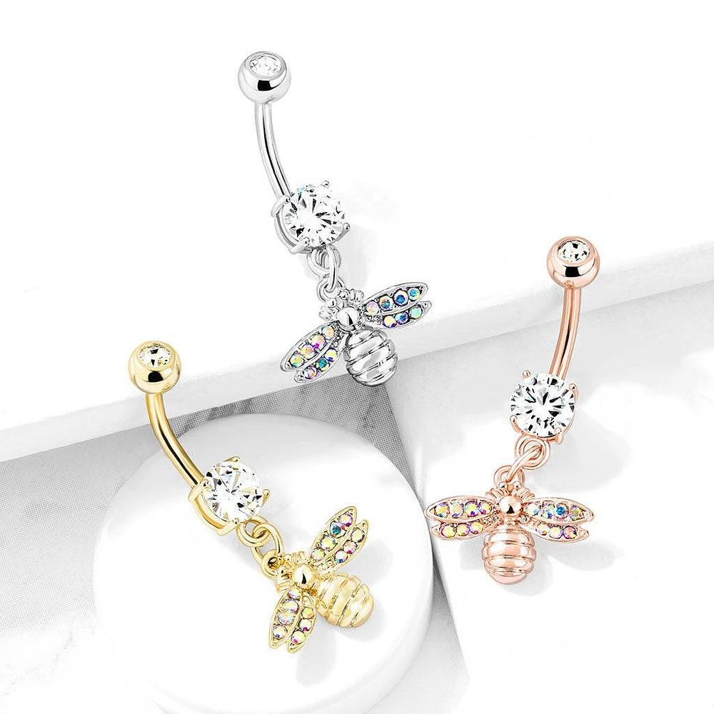 Cute Small CZ Dangle Bumble Bee Gold PVD Surgical Steel Belly Ring