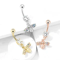 Cute Small CZ Dangle Bumble Bee Surgical Steel Belly Ring