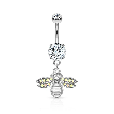 Cute Small CZ Dangle Bumble Bee Surgical Steel Belly Ring