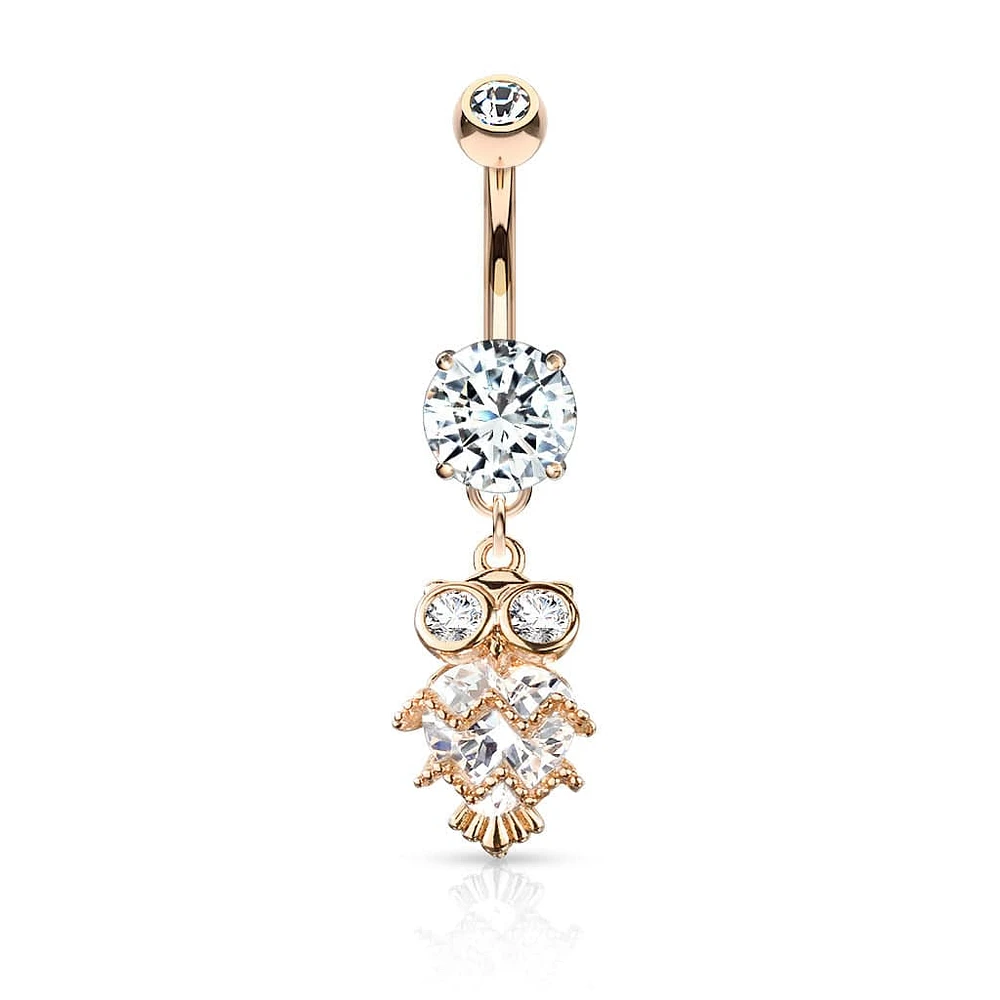 Cute Small CZ Dangle Owl Rose Gold PVD Surgical Steel Belly Ring