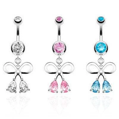 Cute Surgical Steel Belly Button Navel Ring with Dangling Ribbon Teardrop CZs