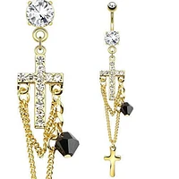 CZ Cross and Chain Bead Gold PVD Dangling Belly Button Navel Ring