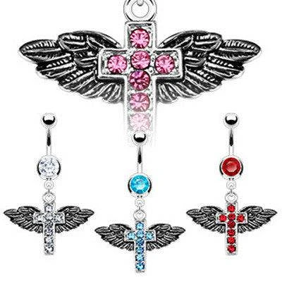 CZ Gem Cross with Angel Feather Wings Dangle Surgical Steel Belly Button Navel Ring