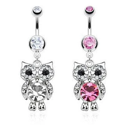 CZ Gem Cute Owl Surgical Steel Belly Button Navel Ring