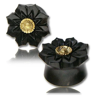 Double Flared Black Carved Areng Wood Floral Lotus Flower Ear Gauges Plugs