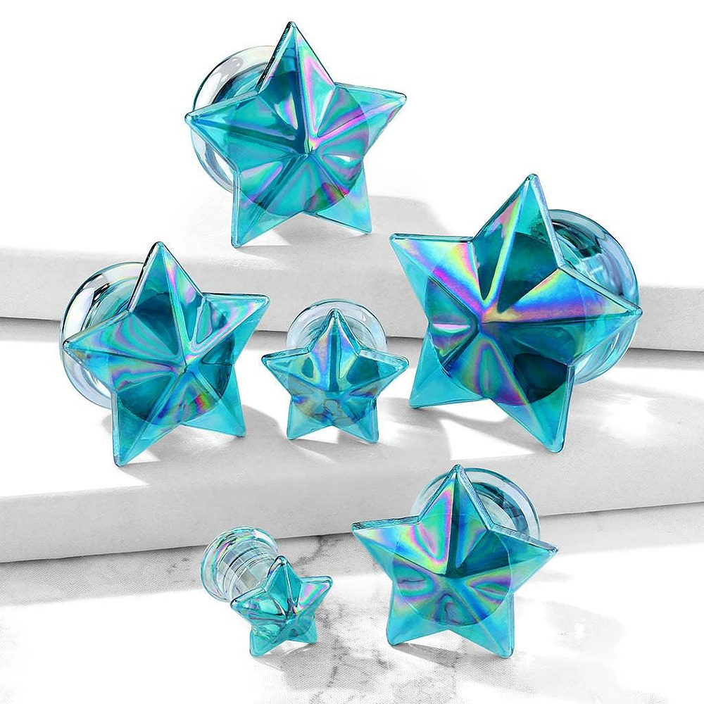 Double Flared Blue AB Glass Star Plugs