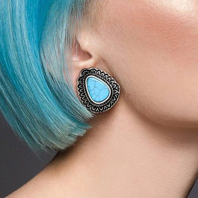 Double Flared Blue Turquoise Tear Drop Antique Silver Ear Plugs