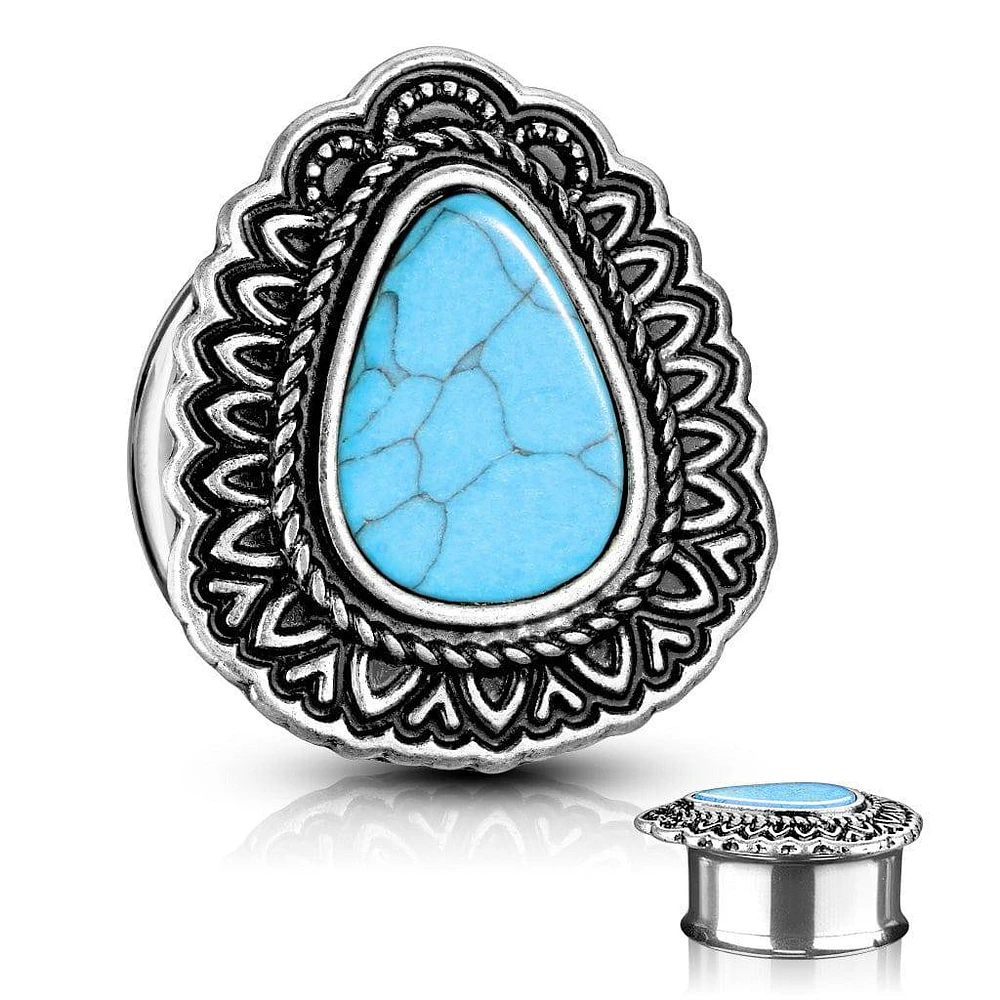 Double Flared Blue Turquoise Tear Drop Antique Silver Ear Plugs