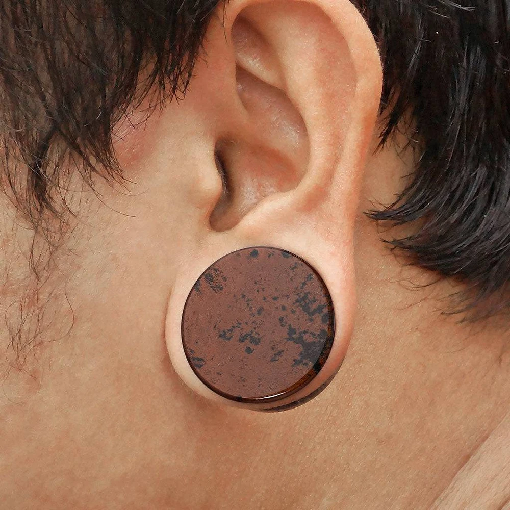 Double Flared Natural Mahogany Obsidian Stone Saddle Ear Plug