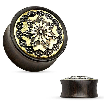 Double Flared Saddle Black Ebony Wood Ear Gauges Plugs with Bronze Floral Pattern Carvings