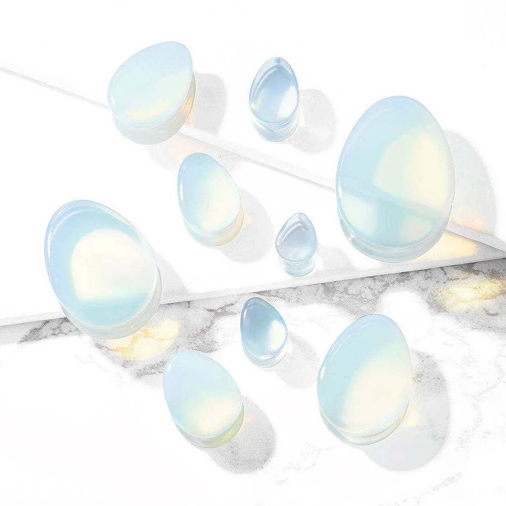 Double Flared Saddle Tear Drop Blue Opalite Stone Plugs