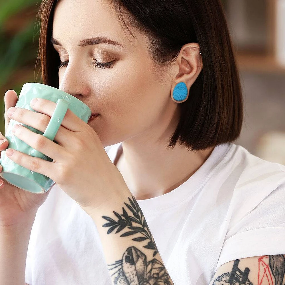 Double Flared Saddle Tear Drop Blue Turquoise Stone Plugs