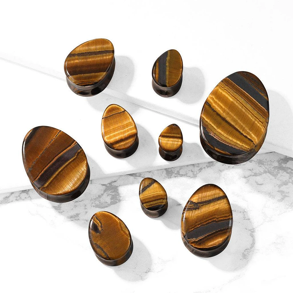 Double Flared Saddle Tear Drop Yellow Tiger's Eye Stone Plugs