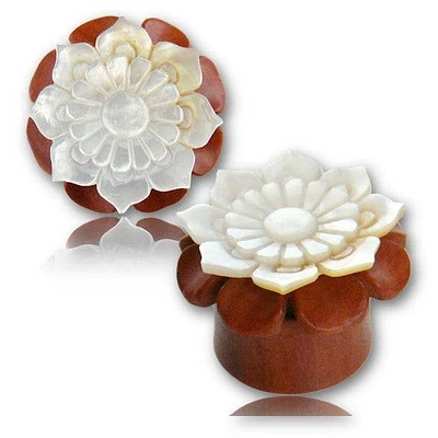 Double Flared Sawo Wood MOP Lotus Inlay Ear Plugs