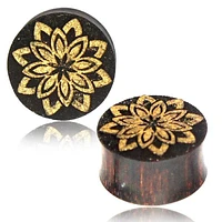 Double Flared Tamarind Wood Laser Golden Lotus Ear Plugs