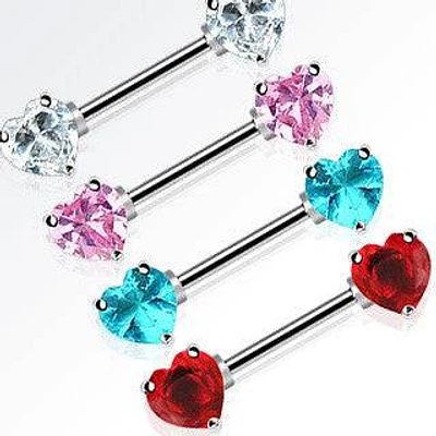 Double Front Facing Prong Gemmed Hearts Nipple Ring Barbell