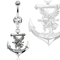 Eagle on Clear Gemmed Dangling Anchor Surgical Steel Belly Button Navel Ring